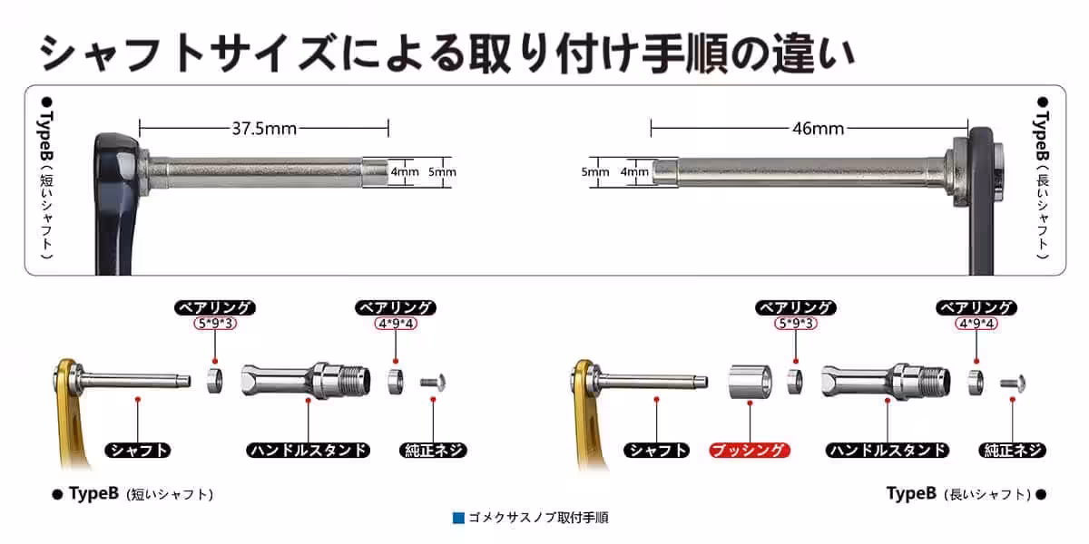 ゴメクサス ブハンドル ノブ 取り付け手順 シャフトサイズ